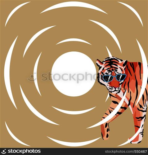 Tiger in the sunglasses on the abstract white circle and beige background