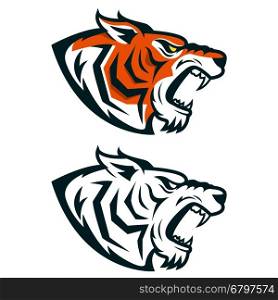 Tiger mascot. Head of angry tiger isolated on white background. Design element for logo, label, emblem, sign. Vector illustration.