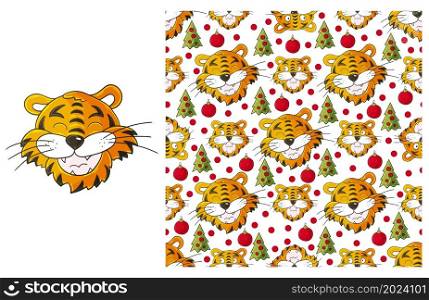 Tiger. New Year 2022. New Year&rsquo;s Set of element and seamless pattern. Ideal for children&rsquo;s clothing. Can be used for fabric, packaging, wrapping paper and etc. Cute Set of element and seamless pattern. Ideal for children&rsquo;s clothing