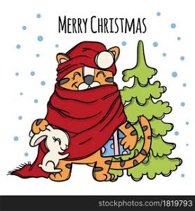 TIGER NEW YEAR Santa Claus With Gifts Vector Illustration Set