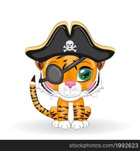 Tiger pirate, cartoon character of the game, wild animal cat in a bandana and a cocked hat with a skull, with an eye patch. Character with bright eyes Isolated on white. Tiger pirate, cartoon character of the game, wild animal cat in a bandana and a cocked hat with a skull, with an eye patch. Character with bright eyes