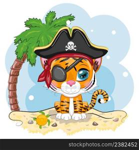Tiger pirate, cartoon character of the game, wild animal cat in a bandana and a cocked hat with a skull, with an eye patch. Character with bright eyes on the beach with palm trees. Tiger pirate, cartoon character of the game, wild animal cat in a bandana and a cocked hat with a skull, with an eye patch. Character with bright eyes
