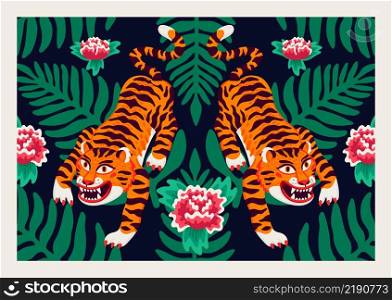 Tiger posteror card, vector tigers, and palm leaves and flowers in cartoon asian style. Organic flat style vector illustration. Tiger poster, vector tigers, and palm leaves and flowers in cartoon asian style. Organic flat style vector illustration