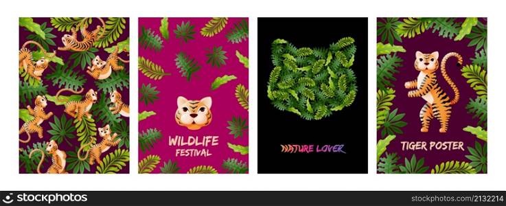 Tiger posters. Flower nature banners, tigers african wild and palm leaves. Jungle thailand, safari cards. Asian new year symbol swanky vector set. Illustration of nature tiger on poster tropical. Tiger posters. Flower nature banners, tigers african wild and palm leaves. Jungle thailand, safari cards. Asian new year symbol swanky vector set