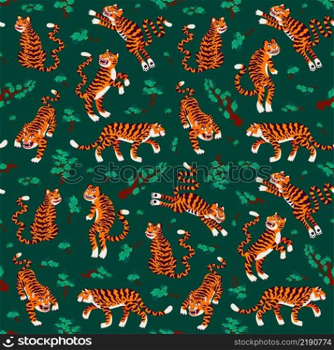 Tiger seamless pattern, vector animal print with cute tigers and Japanese pine branches. Organic flat style vector illustration. Tiger seamless pattern, vector animal print with cute tigers and Japanese pine branches. Organic flat style vector illustration.