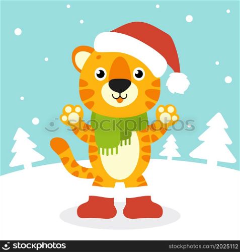 Tiger simbol in a santa hat. Cartoon character. Colorful vector illustration. Isolated on color background. Design element. Template for your design, books, stickers, cards.
