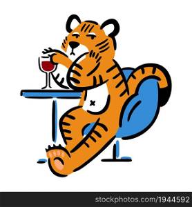 Tiger sitting in chair with glass of wine. Chinese zodiac animal. Symbol of the new year 2022, 2034. Vector illustration isolated on white background. Abstract art. Design print.