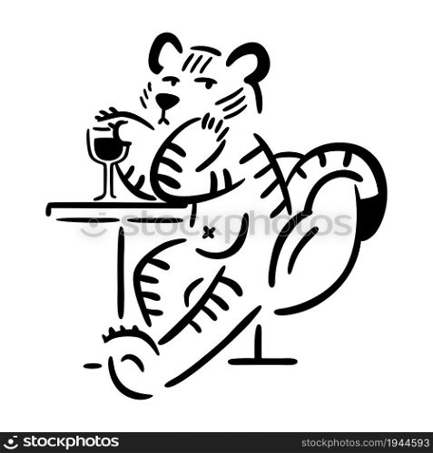 Tiger sitting in chair with glass of wine. Chinese zodiac animal. Symbol of the new year 2022, 2034. Vector illustration isolated on white background. Abstract art. Design print.
