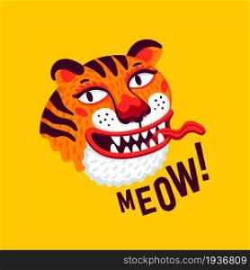 Tiger vector head, cartoon tiger funny face and meow text on yellow background. Organic flat style vector illustration. Tiger vector head, cartoon tiger funny face and meow text on yellow background. Organic flat style vector illustration.