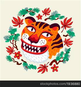 Tiger vector head, cartoon tiger funny face in Japanese maple leaves and pine branches wreath frame. Organic flat style vector illustration. Tiger vector head, cartoon tiger funny face in Japanese maple leaves and pine branches wreath frame. Organic flat style vector illustration.