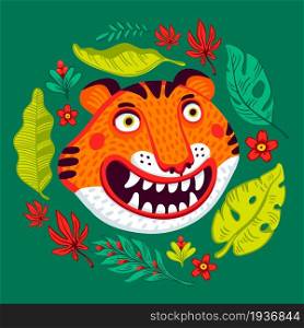 Tiger vector head, cartoon tiger funny face in tropical flowers and leaves wreath frame. Organic flat style vector illustration. Tiger vector head, cartoon tiger funny face in tropical flowers and leaves wreath frame. Organic flat style vector illustration.