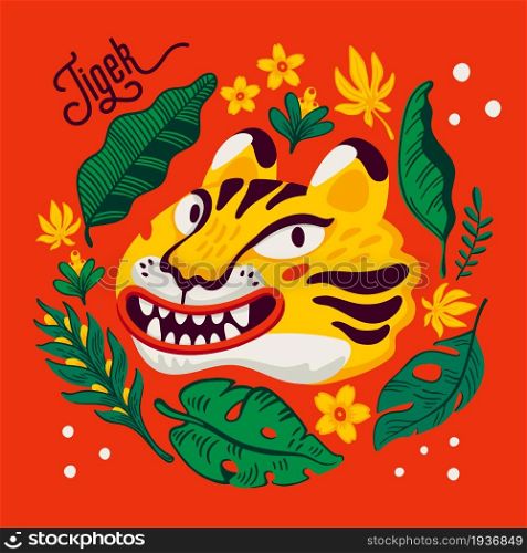 Tiger vector head, cartoon tiger funny face in tropical flowers and leaves wreath frame. Organic flat style vector illustration. Tiger vector head, cartoon tiger funny face in tropical flowers and leaves wreath frame. Organic flat style vector illustration.