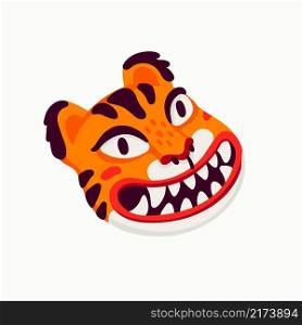 Tiger vector head, cartoon tiger funny orange face on white background. Organic flat style vector illustration.. Tiger vector head, cartoon tiger funny face on white background.