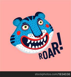 Tiger vector head in blue, cartoon tiger funny face and roar text. Organic flat style vector illustration.. Tiger vector head in blue, cartoon tiger funny face and roar text. Organic flat style vector illustration