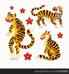 Tiger vector set, tigers in various poses and japanese cherry blossom in cartoon asian style. Organic flat style vector illustration. Tiger vector set, tigers in various poses and japanese cherry blossom in cartoon asian style. Organic flat style vector illustration.