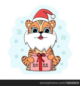 Tiger with beard and santa hat illustration. Cartoon Chinese New year 2022 horoscope. Animal symbol color vector