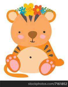 Tiger with flowers, illustration, vector on white background.