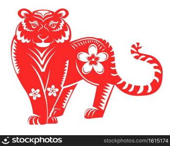 Tiger with long tail, isolated Oriental culture astrological symbol. Astrology and new year symbol. Asian culture and traditions in zodiac. Chinese horoscope sign, red icon vector in flat style. Chinese zodiac and horoscope sign, big red tiger
