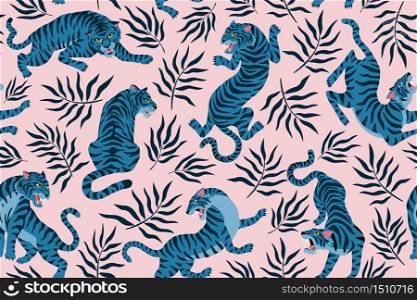 Tigers and tropical leaves. Trendy illustration. Abstract contemporary seamless pattern. Tigers and tropical leaves. Trendy illustration. Abstract contemporary seamless pattern.