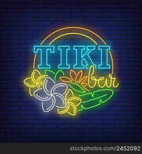 Tiki bar neon text with flowers. Resort, tourism, vacation design. Night bright neon sign, colorful billboard, light banner. Vector illustration in neon style.