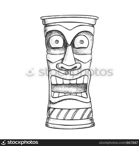 Tiki Idol Carved Wood Crazy Laugh Totem Ink Vector. African Ethnicity Mystery Medieval Tearful Sculpture Idol. Scary Ritual Object Template Designed In Retro Style Monochrome Illustration. Tiki Idol Carved Wood Crazy Laugh Totem Ink Vector