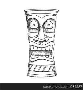 Tiki Idol Carved Wood Crazy Laugh Totem Ink Vector. African Ethnicity Mystery Medieval Tearful Sculpture Idol. Scary Ritual Object Template Designed In Retro Style Monochrome Illustration. Tiki Idol Carved Wood Crazy Laugh Totem Ink Vector