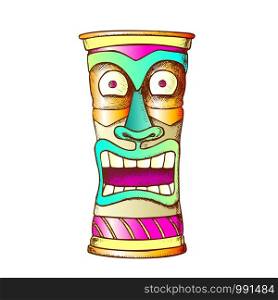 Tiki Idol Carved Wood Crazy Laugh Totem Ink Vector. African Ethnicity Mystery Medieval Tearful Sculpture Idol. Scary Ritual Object Template Designed In Retro Style Color Illustration. Tiki Idol Carved Wood Crazy Laugh Totem Color Vector