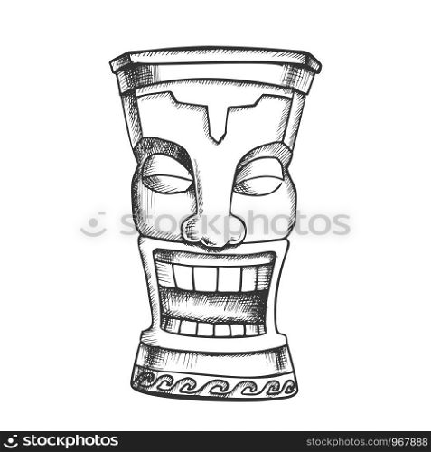 Tiki Idol Carved Wood Funny Totem Vintage Vector. Polynesian Decorative Cheerful Tearful Sculpture Idol. Comical Ritual Object Template Designed In Retro Style Monochrome Illustration. Tiki Idol Carved Wood Funny Totem Vintage Vector