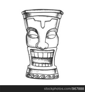 Tiki Idol Carved Wood Funny Totem Vintage Vector. Polynesian Decorative Cheerful Tearful Sculpture Idol. Comical Ritual Object Template Designed In Retro Style Monochrome Illustration. Tiki Idol Carved Wood Funny Totem Vintage Vector