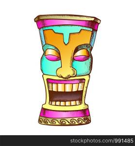 Tiki Idol Carved Wood Funny Totem Vintage Vector. Polynesian Decorative Cheerful Tearful Sculpture Idol. Comical Ritual Object Template Designed In Retro Style Color Illustration. Tiki Idol Carved Wood Funny Totem Color Vector