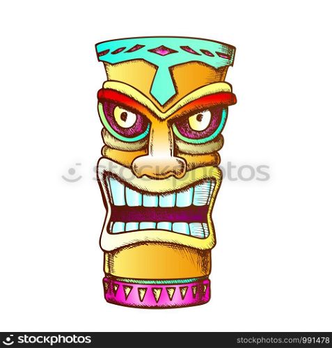 Tiki Idol Carved Wood Statue Color Vector. Cultural Antique Scary Totem Sculpture Angry Face Idol. National Religious Object Template Designed In Vintage Style Illustration. Tiki Idol Carved Wood Statue Color Vector