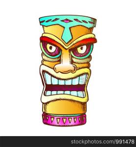 Tiki Idol Carved Wood Statue Color Vector. Cultural Antique Scary Totem Sculpture Angry Face Idol. National Religious Object Template Designed In Vintage Style Illustration. Tiki Idol Carved Wood Statue Color Vector
