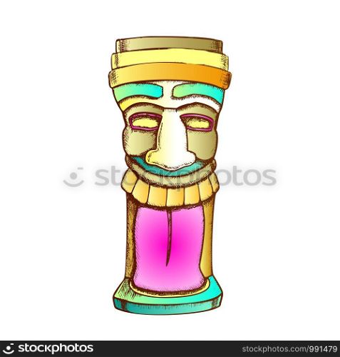 Tiki Idol Carved Wood Totem Color Vector. Cultural Antique Laughing Funny Face Sculpture Idol. Religious Worship Tribal Object Layout Designed In Vintage Style Illustration. Tiki Idol Carved Wood Totem Color Vector