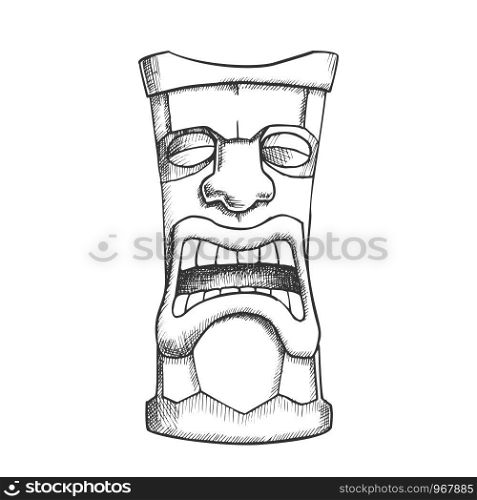Tiki Idol Carved Wooden Crying Totem Ink Vector. Aztec Ethnicity Mystery Tribal Tearful Sculpture Idol. Sad Ritual Object Template Hand Drawn In Vintage Style Black And White Illustration. Tiki Idol Carved Wooden Crying Totem Ink Vector