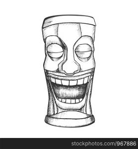 Tiki Idol Carved Wooden Crying Totem Ink Vector. Aztec Ethnicity Mystery Tribal Tearful Sculpture Idol. Sad Ritual Object Template Hand Drawn In Vintage Style Black And White Illustration. Tiki Idol Carved Wooden Crying Totem Ink Vector