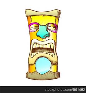 Tiki Idol Carved Wooden Crying Totem Ink Vector. Aztec Ethnicity Mystery Tribal Tearful Sculpture Idol. Sad Ritual Object Template Hand Drawn In Vintage Style Color Illustration. Tiki Idol Carved Wooden Crying Totem Color Vector