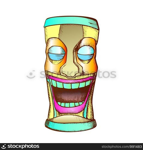 Tiki Idol Carved Wooden Crying Totem Ink Vector. Aztec Ethnicity Mystery Tribal Tearful Sculpture Idol. Sad Ritual Object Template Hand Drawn In Vintage Style Color Illustration. Tiki Idol Carved Wooden Crying Totem Color Vector