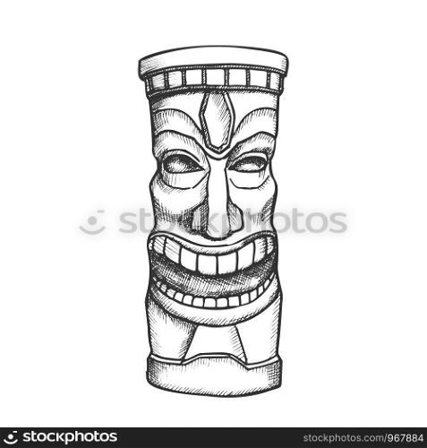 Tiki Idol Carved Wooden Laughing Totem Ink Vector. Mayan Mystery Tribal Indigenous Sculpture Idol God. Ritual Object Template Hand Drawn In Vintage Style Black And White Illustration. Tiki Idol Carved Wooden Laughing Totem Ink Vector
