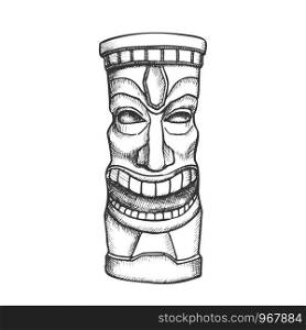 Tiki Idol Carved Wooden Laughing Totem Ink Vector. Mayan Mystery Tribal Indigenous Sculpture Idol God. Ritual Object Template Hand Drawn In Vintage Style Black And White Illustration. Tiki Idol Carved Wooden Laughing Totem Ink Vector