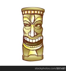 Tiki Idol Carved Wooden Laughing Totem Ink Vector. Mayan Mystery Tribal Indigenous Sculpture Idol God. Ritual Object Template Hand Drawn In Vintage Style Color Illustration. Tiki Idol Carved Wooden Laughing Totem Color Vector