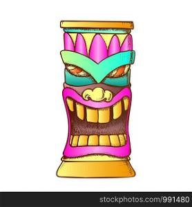 Tiki Idol Carved Wooden Totem Color Vector. Mythological Mystical Indigenous Laughing Sculpture Idol Mask. Old Object Template Hand Drawn In Vintage Style Illustration. Tiki Idol Carved Wooden Totem Color Vector