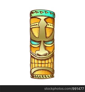 Tiki Idol Hawaiian Wooden Statue Color Vector. Traditional Haaii God Idol. Antique Scary Totem Sculpture Concept Template Designed In Vintage Style Illustration. Tiki Idol Hawaiian Wooden Statue Color Vector
