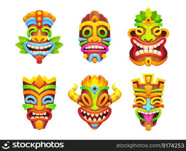 Tiki mask african totem tribal cartoon icon vector set. Hawaiian wood statue on white background. Isolated mexican warrior symbol collection for tropical summer party or ritual. Maya face illustration. Tiki mask african totem tribal icon vector set