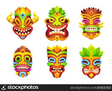 Tiki masks, hawaiian tribal totem. Faces of african or polynesian god statues. Traditional wooden tikki masks with smiles and decoration isolated on white background, vector cartoon set. Tiki masks, hawaiian tribal totem