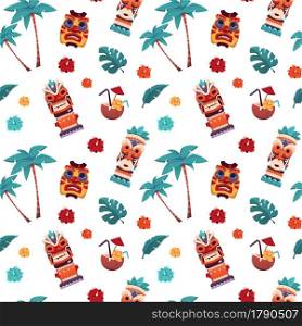 Tiki pattern. Hawaiian and Polynesian tropical masks. Summer vacation seamless background. Cartoon tribal totems and palm trees. Exotic flowers or cocktails. Ritual head figures. Vector illustration. Tiki pattern. Hawaiian and Polynesian tropical masks. Summer vacation seamless background. Tribal totems and palms. Exotic flowers or cocktails. Ritual head figures. Vector illustration