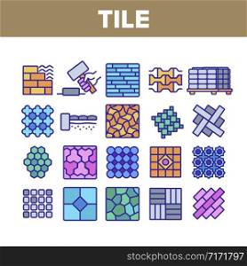 Tile Floor Material Collection Icons Set Vector. Brick On Pallet And Hammer, Different Form And Style Flooring Tile, Parquet And Wall Concept Linear Pictograms. Color Contour Illustrations. Tile Floor Material Collection Icons Set Vector