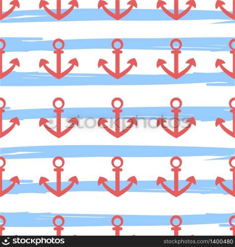 Tile sailor vector pattern with red anchor on blue and white stripes background. Tile sailor vector pattern with red anchor on navy blue and white stripes background