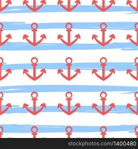 Tile sailor vector pattern with red anchor on blue and white stripes background. Tile sailor vector pattern with red anchor on navy blue and white stripes background