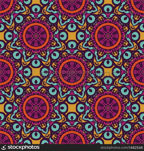Tiled ethnic ccolorful pattern for fabric. Abstract geometric mosaic flowers ans circles seamless pattern ornamental. Abstract geometric vintage ethnic seamless pattern ornamental