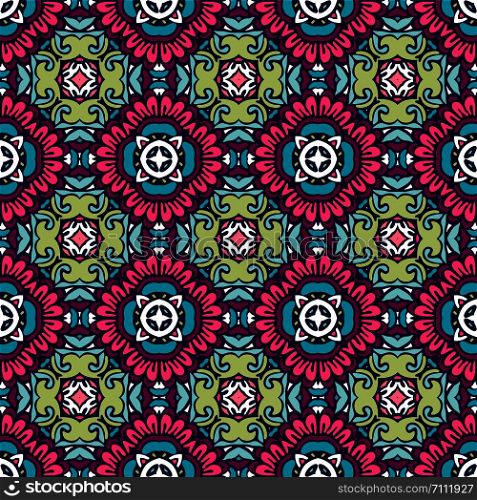 Tiled ethnic colorful flower tiled pattern for fabric. Abstract geometric mosaic vintage seamless pattern ornamental.. Seamless abstract background tiled vector pattern geometric flowers